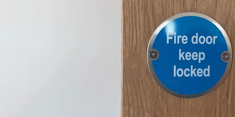 Fire door keep locked sign on an oak veneered fire door